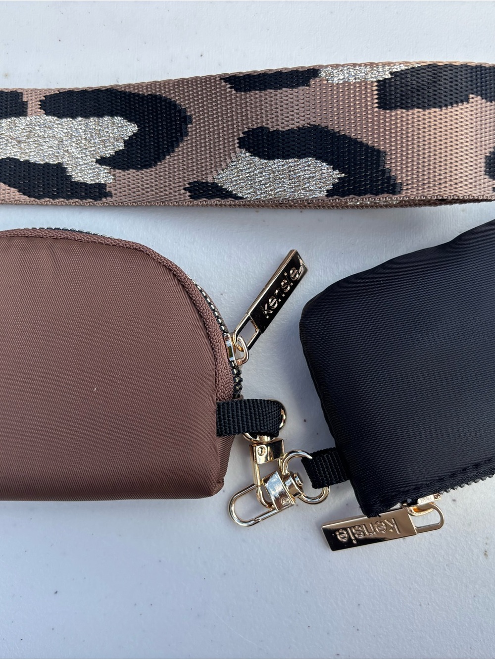 Kensie Double Coin Pouch Set with Leopard Strap - Brown & Black
